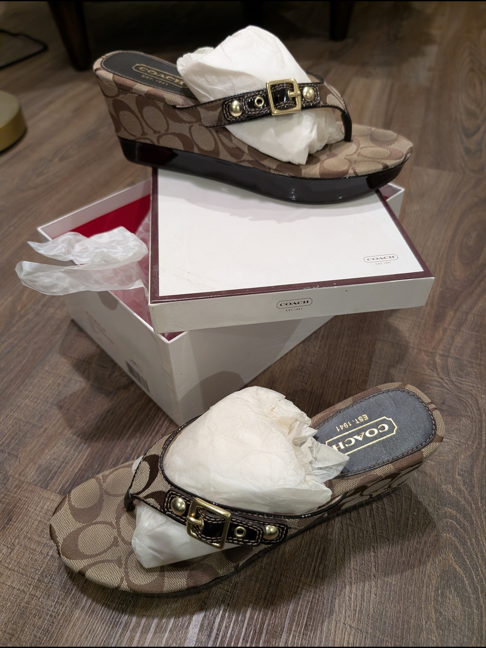 COACH Tan Signature Wedge Sandals with Gold Buckle 9.5 - Picture 3 of 5